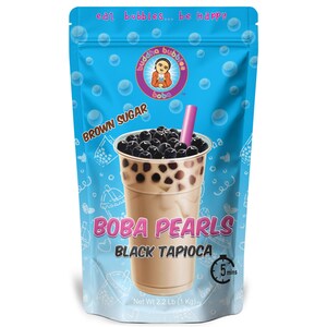 May include: A light blue stand-up pouch containing brown sugar boba pearls. The packaging features a graphic of a boba tea drink with black tapioca pearls and a pink straw. Text includes "eat bubbles... be happy", "BROWN SUGAR", "BOBA PEARLS", "BLACK TAPIOCA", "5 mins", and "Net Wt 2.2 Lb (1 Kg)".