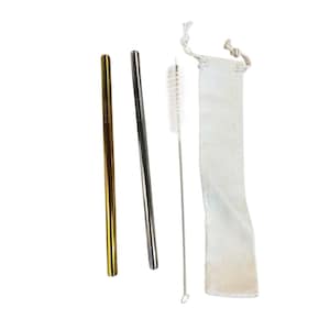 May include: Set of two reusable stainless steel straws, one gold and one silver, with a cleaning brush and a white canvas carrying pouch.