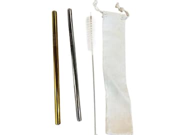 GOLD 4 Piece Set of Reusable Gold Tone Stainless Steel 2 Extra Wide / Boba Straw - 1 Brush 1 Cloth Bag by Buddha Bubbles Boba