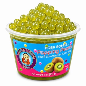 May include: A clear plastic container filled with translucent, light green kiwi-flavored popping pearls. The label features the text "Boba Bombs Popping Pearls," "Fruit Explosion in Every Bite," and "Net weight 16 oz (453 g)" with kiwi fruit imagery.