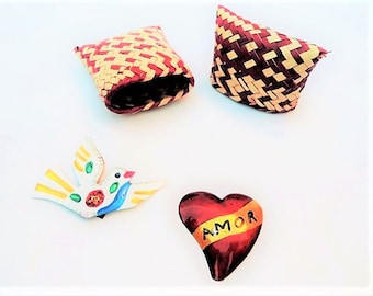 pair of mexican tin magnets in handwoven mini basket, wedding favors, favor boxes, mexican tin, mexican tin art, tin figures, tin milagros