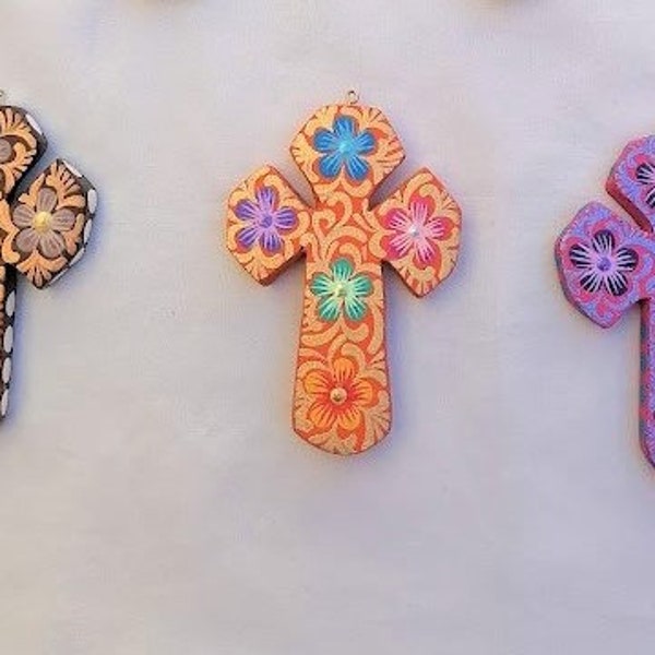 wood cross, alebrije cross, mexican cross, mexican wood cross, mexican exvoto, flower cross