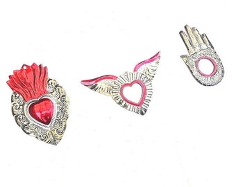 set three tin mirror hearts, GRAY winged, milagritos, mexican tin art, mexican wedding, wedding favors, tin hearts, wholesale tin art