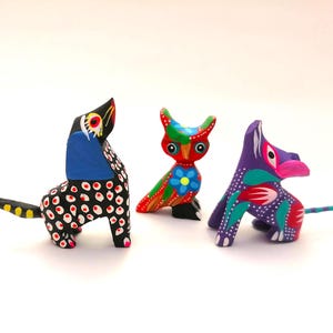 3 mini alebrijes , wood carved alebrijes, handpainted alebrijes, wedding favors, magic alebrijes, fantastic animals, dog, owl, coyote