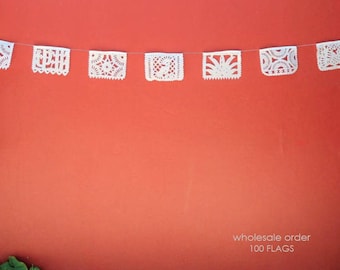 white banners, 100 flags, 31-33mts long, 108 feet long, papel picado flags, mexican flags, wedding flags, wholesale, wedding decor