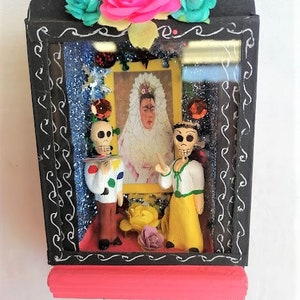 mexican nicho,  medium nicho with Frida and skulls, shadow box, nicho with skulls, small box with skulls, day of the dead, gay pride