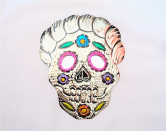 frida skull, frida sugar skull, tin sugar skull, day of the dead, mexican tin folk art