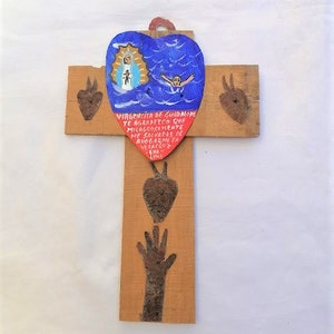 antique cross with ex voto, exvoto, mexican exvoto, virgen de Guadalupe, mexican virgin, milagritos, miracles