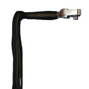 May include: A black leather whip with a silver handle. The whip has a long, braided tail.