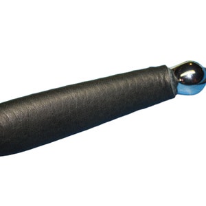 May include: Black leather whip handle with a silver metal tip.