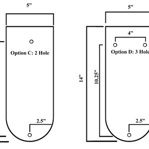 K&ouml;nnte beinhalten: Diagramm von zwei unterschiedlich gro&szlig;en, rechteckigen, wei&szlig;en, wandmontierten Seifenspendern aus Keramik. Der gr&ouml;&szlig;ere Spender ist 14 Zoll hoch und 10,25 Zoll breit. Der kleinere Spender ist 14 Zoll hoch und 11 Zoll breit. Beide Spender haben einen abgerundeten Boden und eine 2,5 Zoll breite &Ouml;ffnung unten. Der gr&ouml;&szlig;ere Spender hat drei L&ouml;cher oben, w&auml;hrend der kleinere Spender zwei L&ouml;cher oben hat. Der Text "Option C: 2 Loch" steht unter dem kleineren Spender und der Text "Option D: 3 Loch" steht unter dem gr&ouml;&szlig;eren Spender.