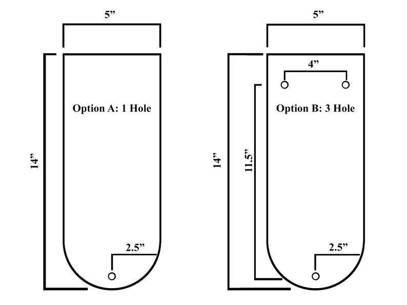 K&ouml;nnte beinhalten: Zeichnung von zwei Optionen f&uuml;r eine Metallplatte. Option A ist 5 Zoll breit und 14 Zoll hoch mit einem Loch unten. Option B ist 5 Zoll breit und 11,5 Zoll hoch mit drei L&ouml;chern oben und einem Loch unten.
