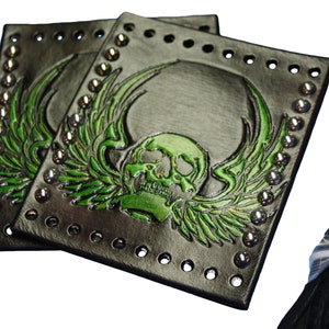 Heavy Duty Brown Leather Motorcycle Grip Covers Embossed Winged Skull for Hd Motorcycles