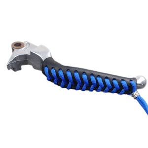 Black Leather Motorcycle Lever Covers with Blue Paracord Lace w/ Beads, made to fit Harley Davidson stock levers