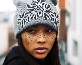 Embellished Knit Beanie /Skull Cap with Birdcage Veil