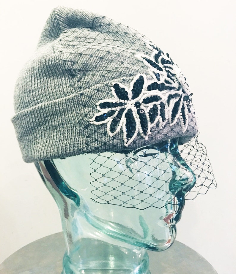Embellished Knit Beanie /Skull Cap with Birdcage Veil image 2
