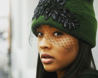 Embellished Knit Beanie with Birdcage Veil