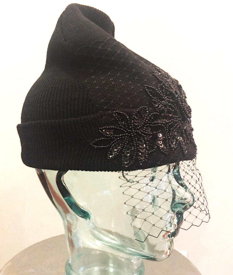 Embellished Knit Beanie /Skull Cap with Birdcage Veil image 2