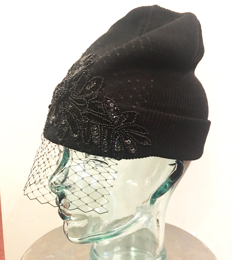 Embellished Knit Beanie /Skull Cap with Birdcage Veil image 3