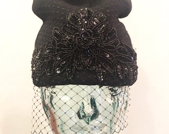 Embellished Knit Beanie /Skull Cap with Birdcage Veil