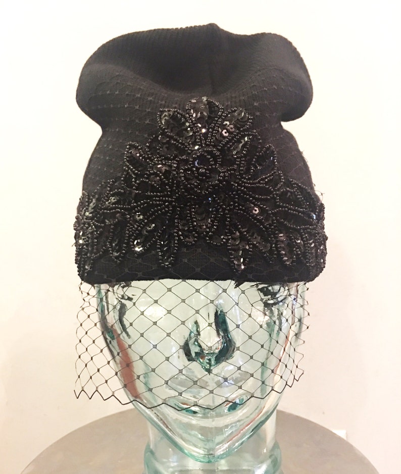 Embellished Knit Beanie /Skull Cap with Birdcage Veil image 1