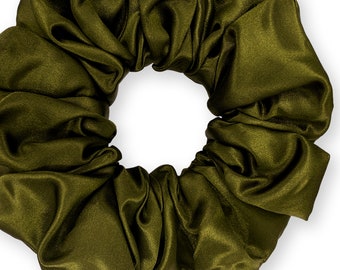 Satin Scrunchies King Size Elegant Bridal Satin XXL Oversized Ponytail Holders Bridesmaids Party Big Fancy Made in the USA Olive Dark