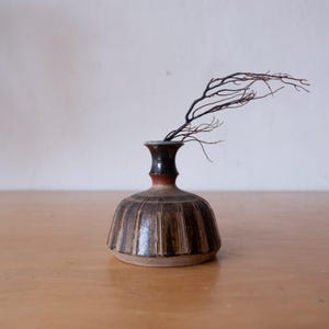 Op de afbeelding: Een kleine, gedrongen keramische vaas met een donkerbruin en beige glazuur met verticale ribbelstructuren. De vaas heeft een smalle hals en een uitlopende rand, met een enkele, dunne, donkerbruine, bladloze tak die uit de opening steekt.