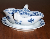Meissen Blue Onion China Gravy or Sauce Boat with attached Under plate and 2 Handles Meissen mark hand painted cobalt blue on white