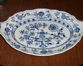 Rare Meissen Blue Onion China Platter Serving Dish with upturned shell handles Crossed Swords 1825-1924 dot period