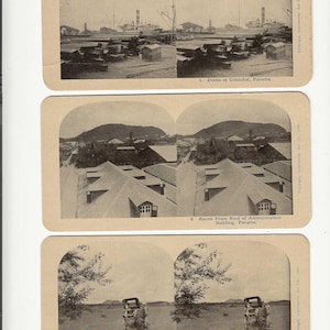 May include: Three vintage stereoscopic images. The top image shows docks with ships and buildings. The middle image depicts a building with a sloped roof. The bottom image shows a horse-drawn carriage in a field. Text includes "Docks at Cristobal, Panama."