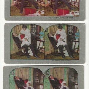 May include: Vintage stereoscopic cards depicting scenes of a man in a suit. The cards show the man in a rocking chair, with text that reads "A Different Kind of Tired Feeling", "Now I'll Make You Tired", and "Too Tired to Know the Difference."