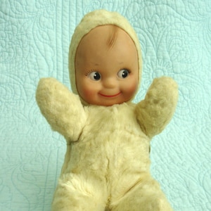 Kuddle Kewpie Doll by Cameo/Knickerbocker 1950&#39;s molded vinyl face and Cream Colored plush body