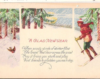 Antique New Year Postcard Skier A Glad New Year C56