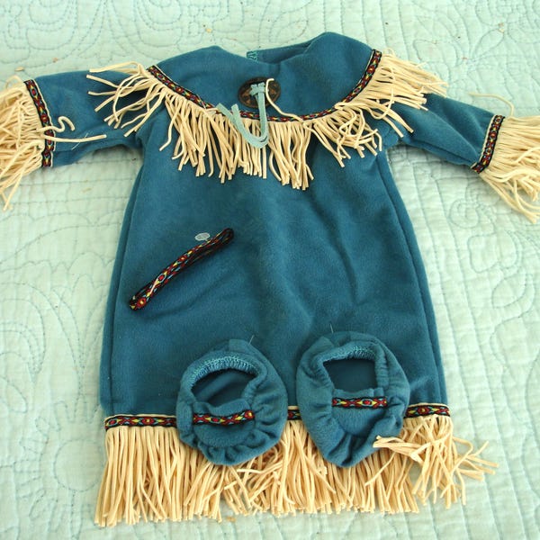Native American Outfit for 18 Inch Doll,  Blue, Complete with Dress and Moccasins