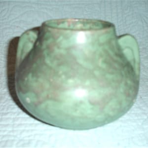 Vintage 1930s Brush McCoy Art Vellum Green Mottled Glass Pottery Deco Handle Vase