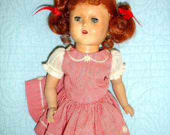 1950s Vintage Hard Plastic Redhead Girl Doll in Red Gingham Dress
