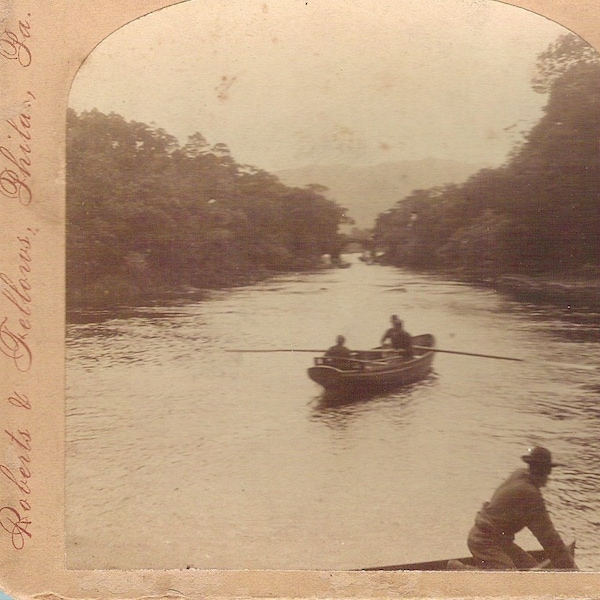 Antique Stereoscope Card 1880's KILLARNEY IRELAND, Old Wier Bridge, Boating, Roberts and Fellows  #17