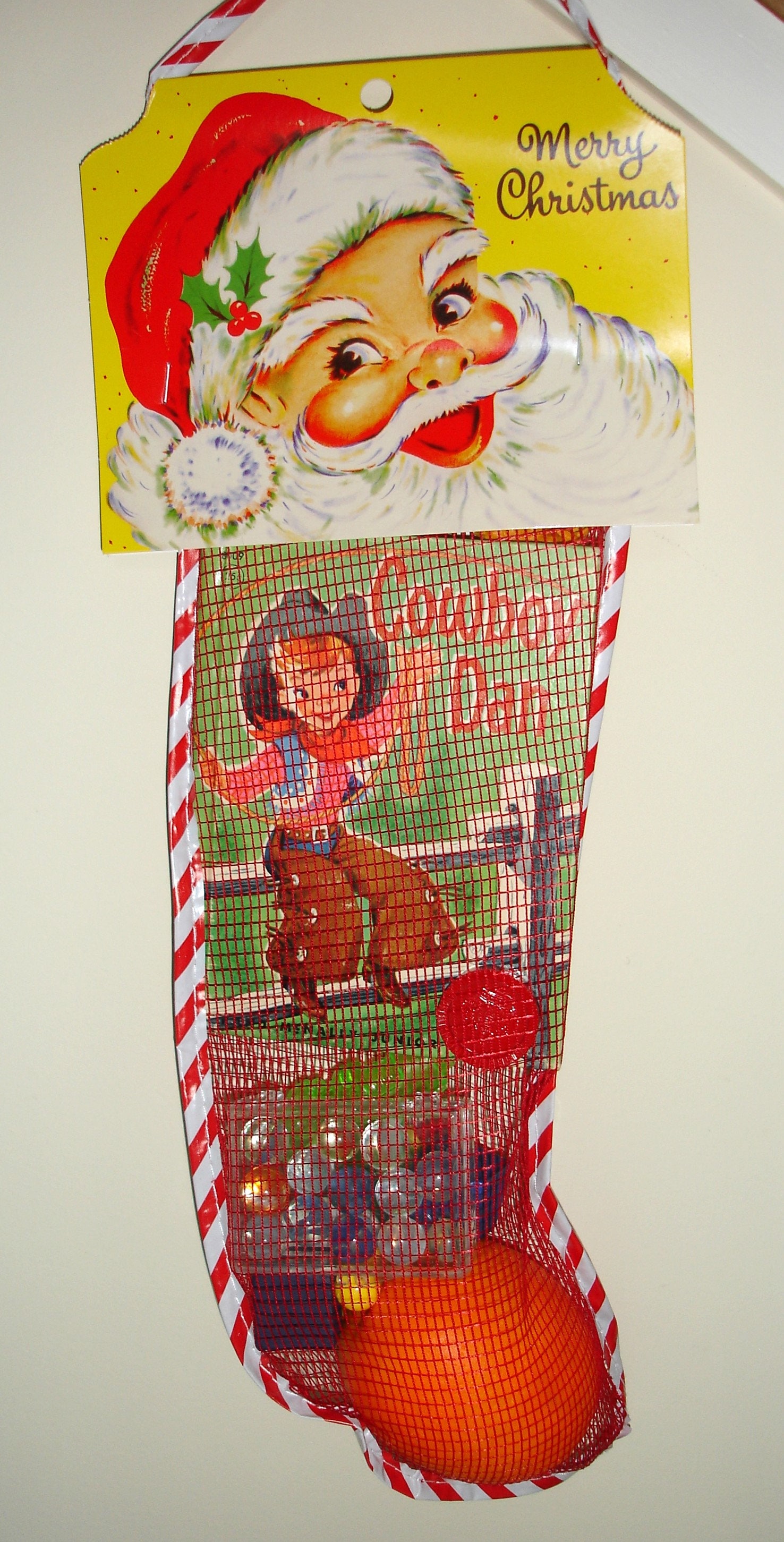 Christmas Stocking Filled Vintage Red Mesh Old Fashioned