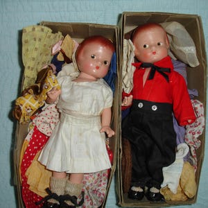 Twin Patsyette Effanbee 9.5” Dolls in Original Boxes with Tags and Wardrobe 1930s Durable Dolls
