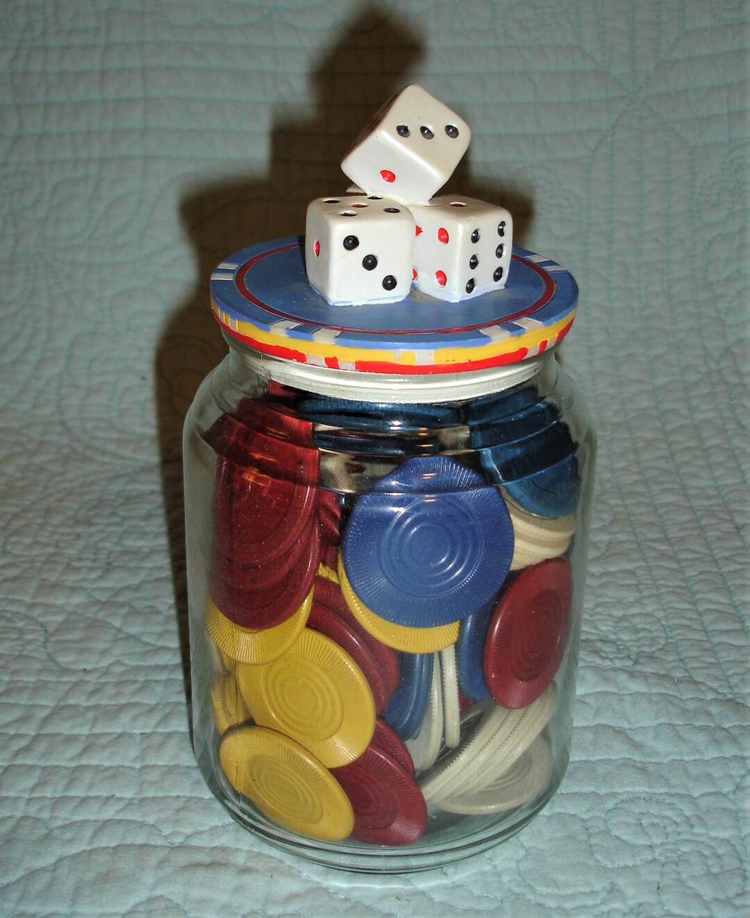 Vintage Clay Poker Chip Collection 118 in Unique Glass Jar, Two