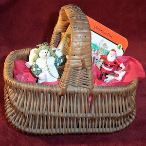 Christmas Gift Basket filled with Vintage Items: Velveteen Rabbit book, Angel Tree Ornament,  Small Plastic Santa and Reindeer