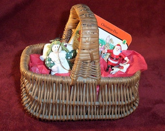 Christmas Gift Basket filled with Vintage Items: Velveteen Rabbit book, Angel Tree Ornament,  Small Plastic Santa and Reindeer