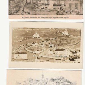 May include: Three vintage postcards featuring sepia-toned illustrations of coastal scenes. The top card shows Appleton's Wharf, Marblehead, Mass. The middle card depicts a harbor with ships and buildings. The bottom card shows a town landscape.