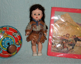 Vintage Arranbee Cowgirl Doll Set: Ohio Art Tin Top & Platt Munk Puzzle