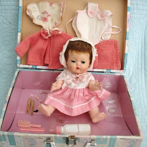 Tiny Tears, American Character Doll, 11.5”  1950s in Original Rock-a-Bye Suitcase and Layette