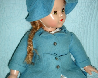 1940s Effanbee Little Lady Look-a-Like Doll in Blue Felt Winter Coat