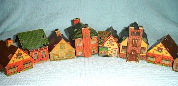 Vintage 1940s Built Rite Cardboard Houses Set 8 WWII HO Village Train Accessories