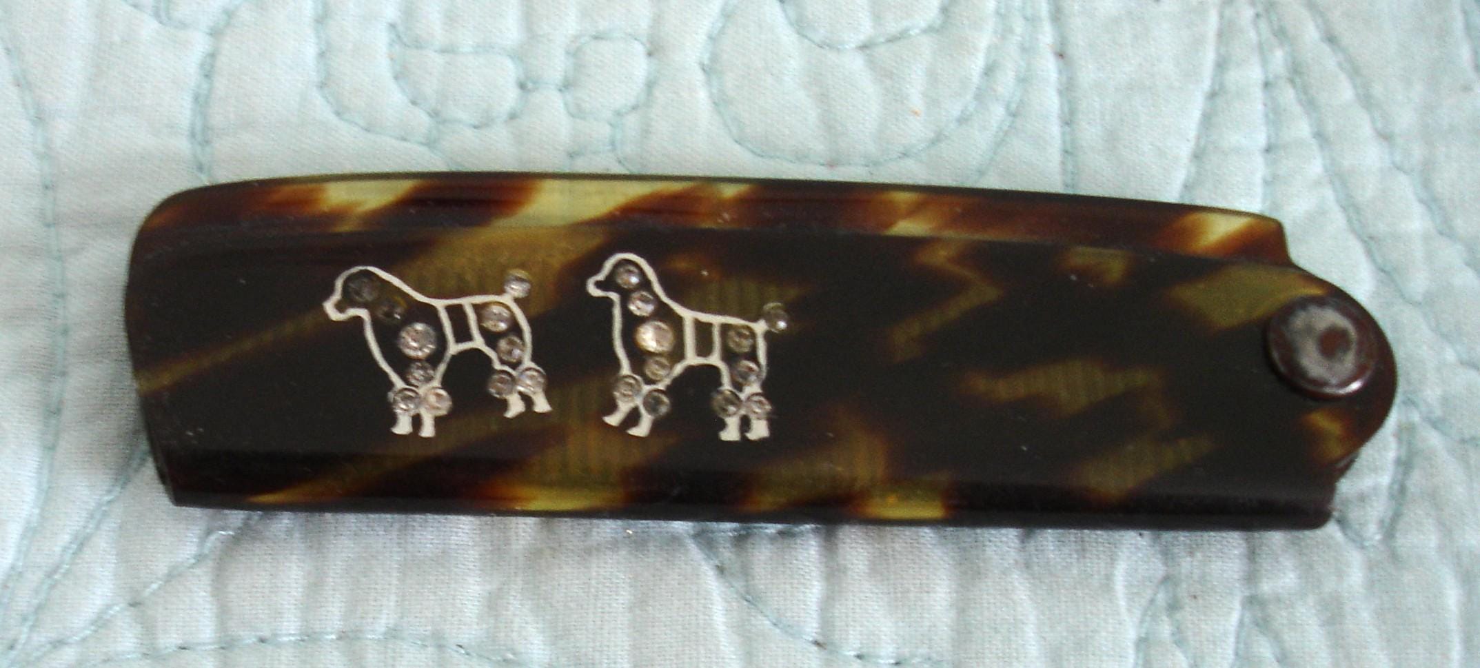 Tortoise Shell Celluloid Folding Retractable Hair Comb with Rhinestone Poodles Made in Germany