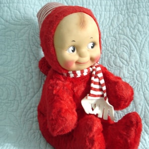 Kuddle Kewpie Doll by Cameo/Knickerbocker 1950&#39;s molded vinyl face and Red Plush Body, Striped Scarf and Hat