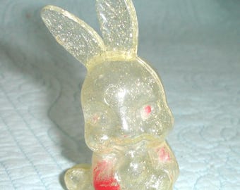Vintage 1950s Irwin Plastic Easter Bunny Rattle Yellow Glitter Toy Clear Rare
